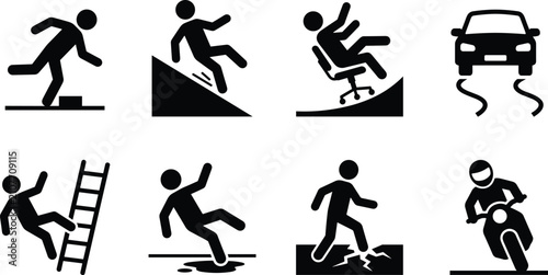 Obraz na płótnie Accident and slip hazard icon set with falling from ladder, tripping, slipping,