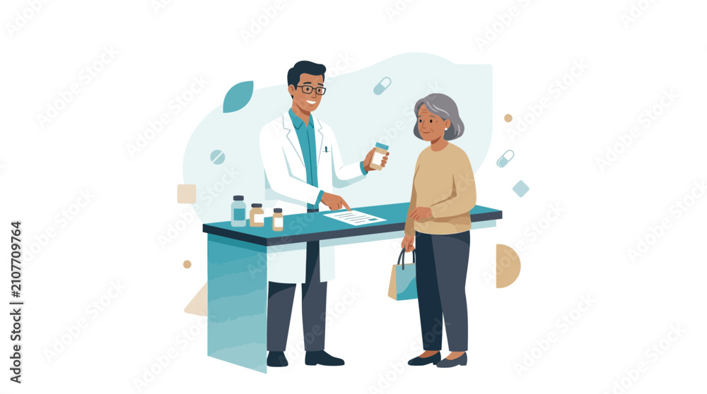 Fototapeta premium Pharmacist Consulting Senior Patient: Prescription Advice, Healthcare, and Medicine