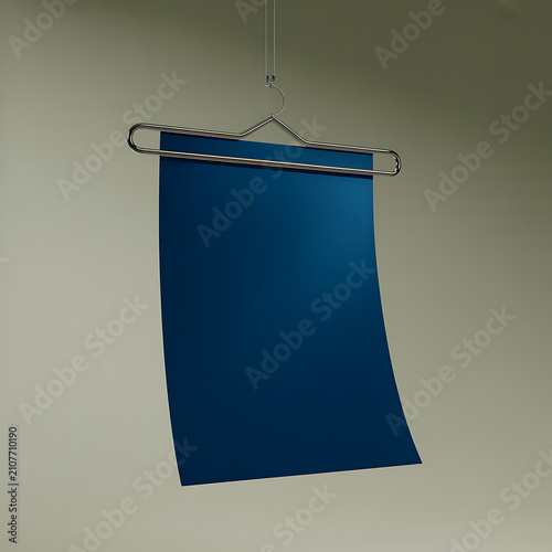 Deep blue paper sheet hanging on clothes hanger with template minimalist rectilinear stationary background vertical presentation paperwork creative professional structure