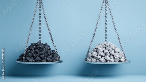 Black coal white stones balanced on hanging scales against blue background conceptual representation of comparison choice decision making
