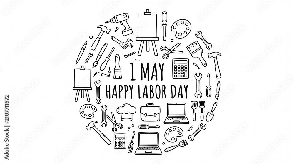 Fototapeta premium Happy Labor Day 1 May greeting, professional work tools and equipment icons in circle, minimalist black line art on white background