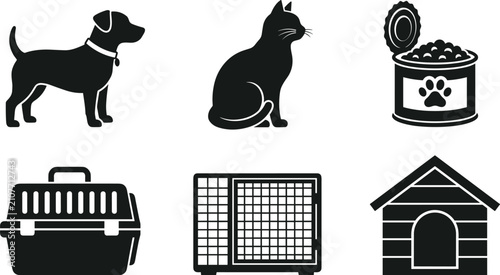 Foto Pet care icon set with dog, cat, canned food, carrier box, cage, and doghouse si