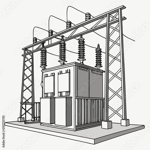 Black and white line of an electrical substation with a power tower and transformer equipment on a white background