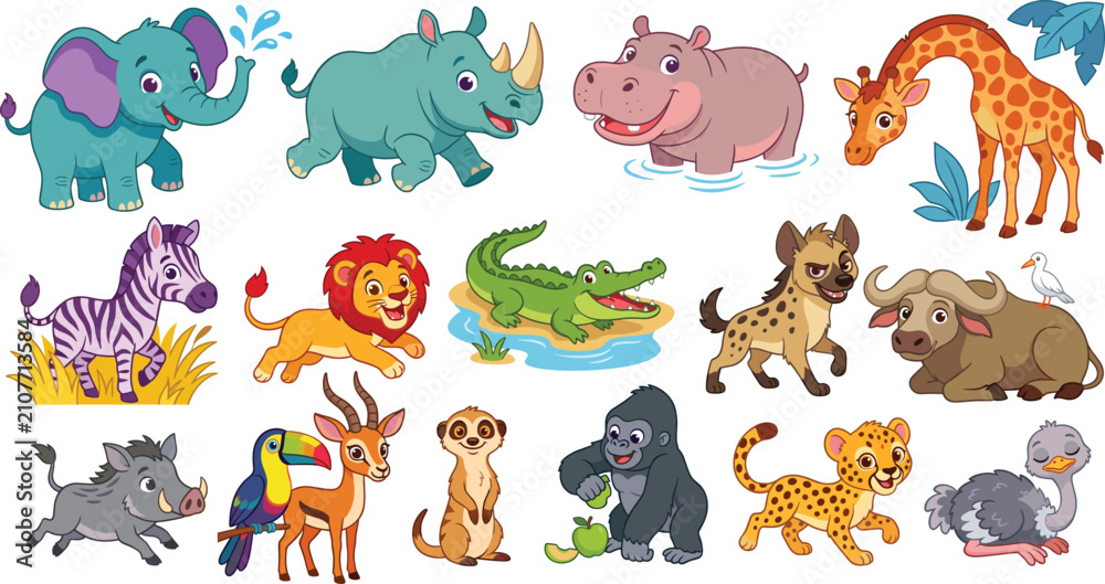 Fototapeta premium Cartoon African savanna animals in colorful educational wildlife illustration