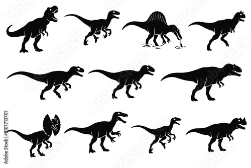 Foto Silhouettes of Running Dinosaurs in Motion on White Background