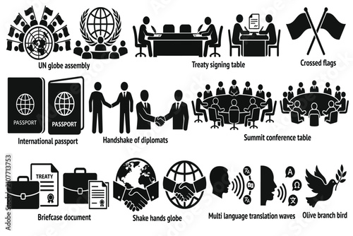 Foto International Diplomacy & Global Relations Icons Set | UN Assembly, Treaty Signi