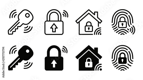 Secure access and biometric authentication icons featuring keys smart locks house security and fingerprint scans