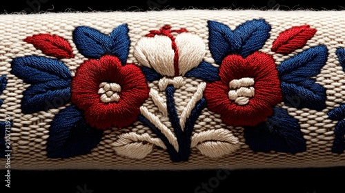 Close up of a traditional floral embroidery pattern on a woven textile border.