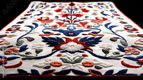 Exquisite Handcrafted Textile with Symmetrical Floral and Avian Embroidery.