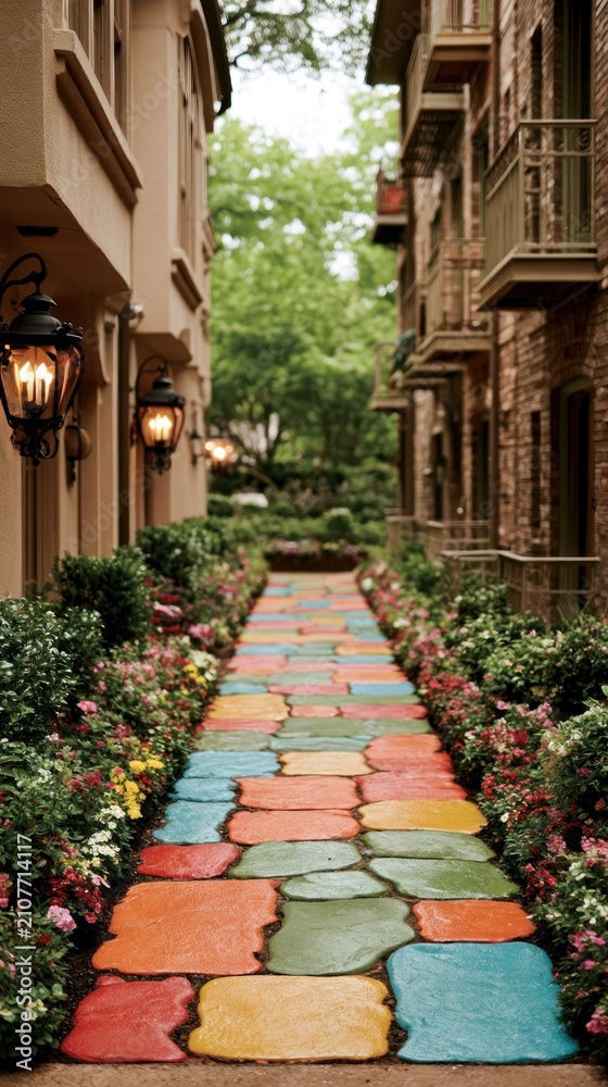 Fototapeta premium Garden walkway with rectangular multicolored stone pavers.