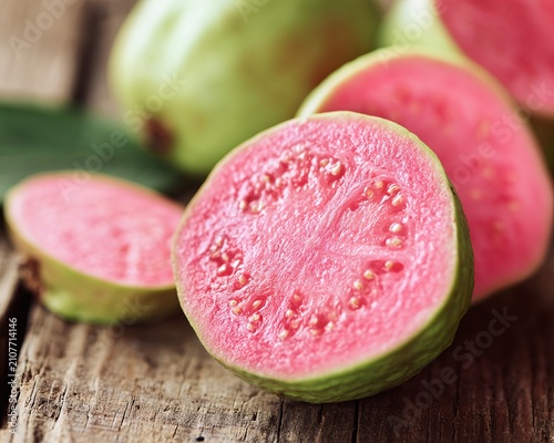 Freshly Sliced Pink Guava Fruit on Rustic Wooden Surface.