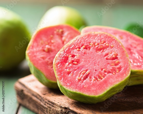 Freshly Sliced Guava Fruit on Rustic Wooden Board.