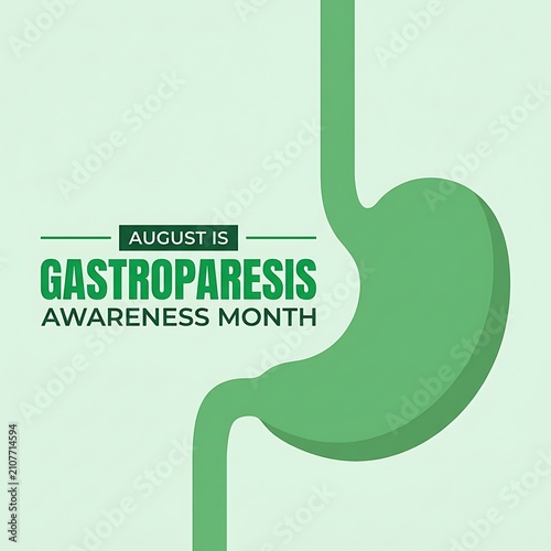 August is gastroparesis awareness month graphic design featuring illustration of human stomach anatomy set against soft green background for medical health promotion campaign social media.