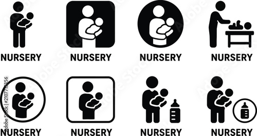 Foto Nursery sign icons set, black baby care symbols for public facilities, 8 vector