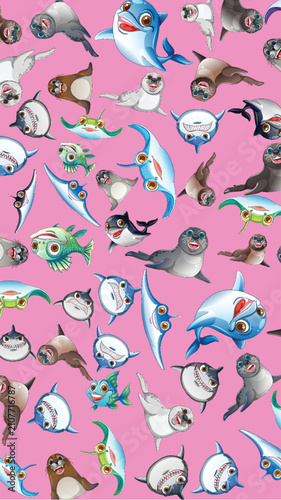 Cartoon Marine Life Seamless Pattern with Dolphins Sharks and Seals