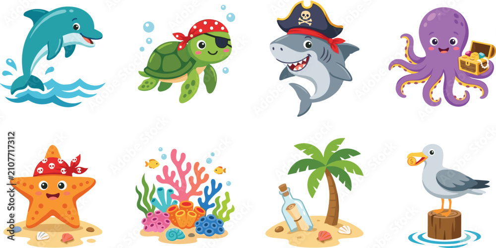 Fototapeta premium Cute Sea Animals and Pirate Elements Vector Set for Children Education and Greeting Cards
