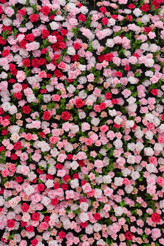 Artificial pink white red rose flower wall, floral wedding backdrop decoration