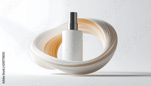Minimal White Spray Bottle Surrounded by Abstract Beige Swirl on White Studio Background