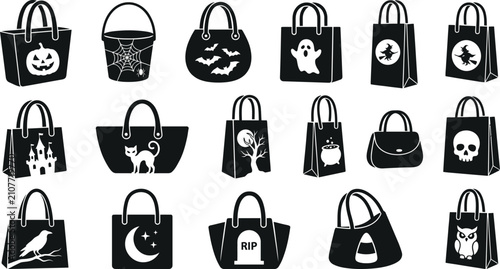 Halloween trick or treat bag designs for kids and adults in black and white
