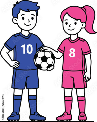 Happy boy and girl soccer players standing together with a football ball