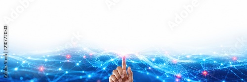 Business Hand Touching Global AI Network Interface with Digital Connection Technology Banner