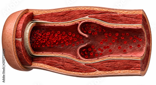 3D anatomical illustration of a vein cross section showing venous valve and red blood cells