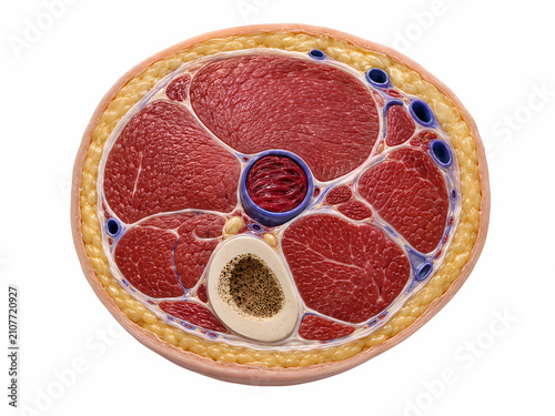 Cross section anatomical model of a human thigh showing muscle compartments bone and vessels