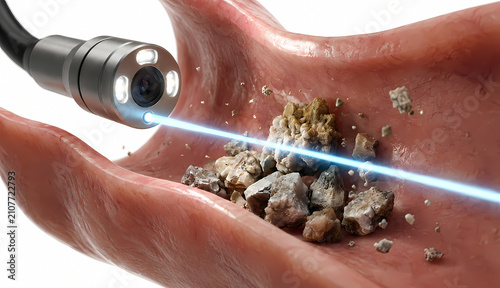 3D medical illustration of laser lithotripsy procedure breaking kidney stones in the ureter