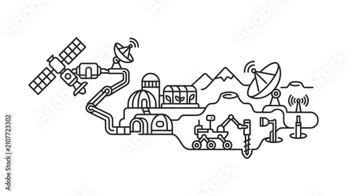 Quadro su tela Mars Colony Illustration Satellite Rover Greenhouse Communication Hub Landscape