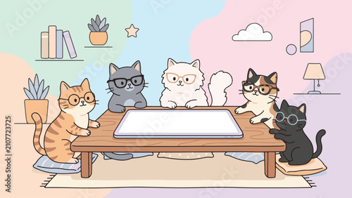 Cute flat vector illustration of a group of smart cartoon cats wearing glasses, sitting together around a wooden table and looking at a large blank digital tablet screen in a cozy pastel room.