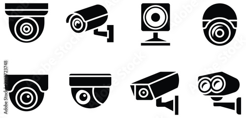 Security Camera Vector Icon Collection Showing CCTV Surveillance Devices, Dome Cameras, Bullet Cameras, Monitoring Technology, and Protection Symbols
