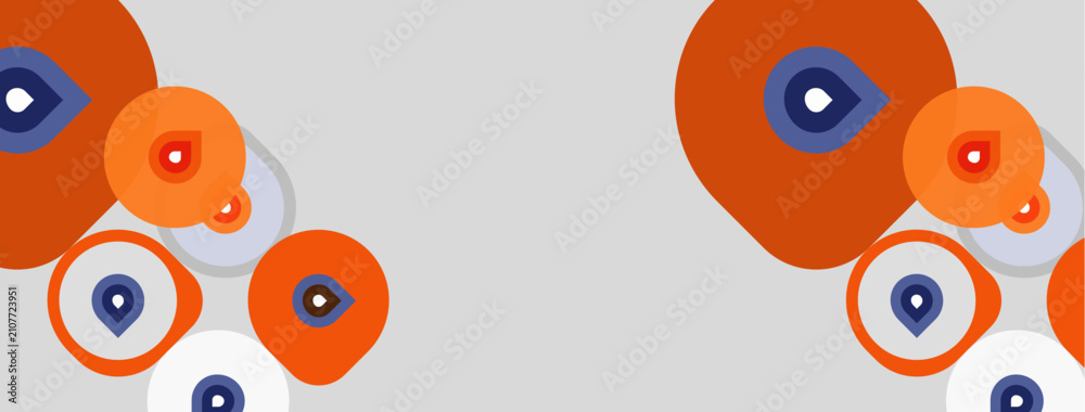 Fototapeta premium Abstract circles overlap, creating playful visual pattern. Orange, blue hues dominate neutral background. Simple design.