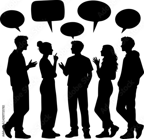 Black Silhouette of People Talking with Speech Bubbles Vector Illustration, Group Discussion and Social Communication Concept