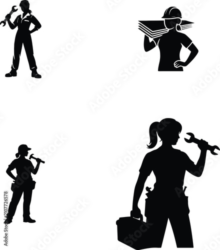 Tableau sur toile Working woman silhouettes with wrench hammer and construction supplies