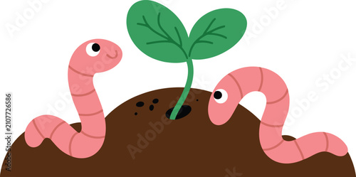 Pink earthworms and plant sprout vector illustration