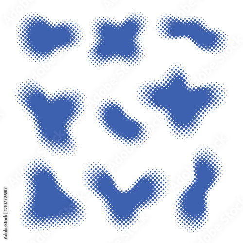 Halftone Dotted Abstract Fluid Blob Shapes Set. Blue Dotted Organic Forms Vector Illustration Collection