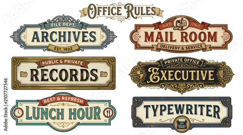 Vintage Style Office Directional Signage Collection Featuring Ornate Typography and Classic Decorative Border Frames for Professional Workspace Environments