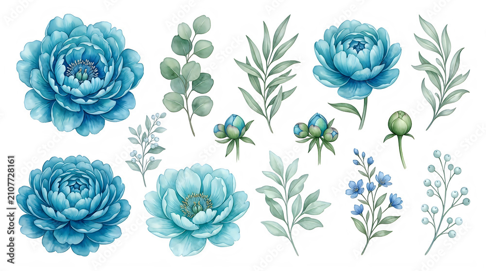 Fototapeta premium Watercolor blue flowers and green leaves arrangement