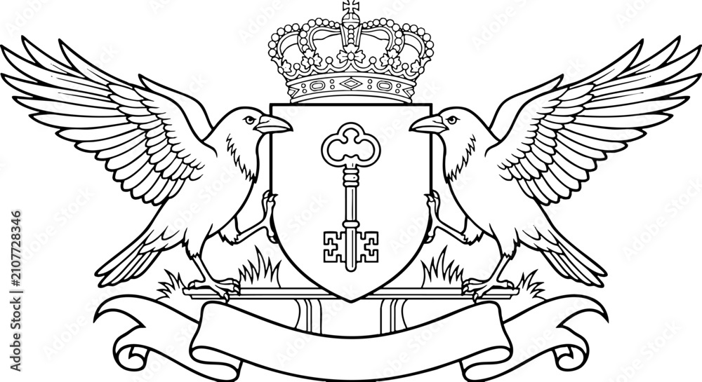 Obraz premium Heraldic Crest with Ravens Crown and Key Vector Illustration