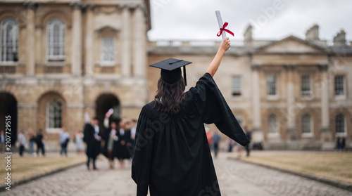 University graduate holding diploma standing in front of historic college
