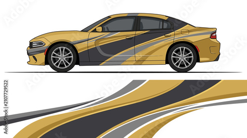 Gold sedan car wrap with grey geometric stripes.