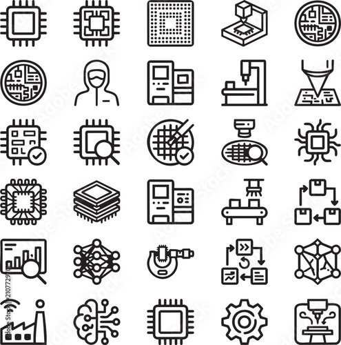 Semiconductor Manufacturing Chip Fabrication Line Icons for Microelectronics, AI Chips, Automation and Technology
