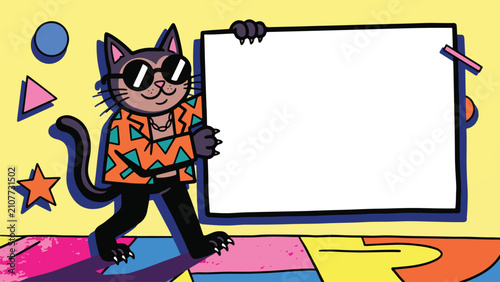 Retro 90s style cartoon illustration of a cool cat wearing sunglasses and a patterned shirt, holding a large blank white poster board against a vibrant geometric Memphis background.