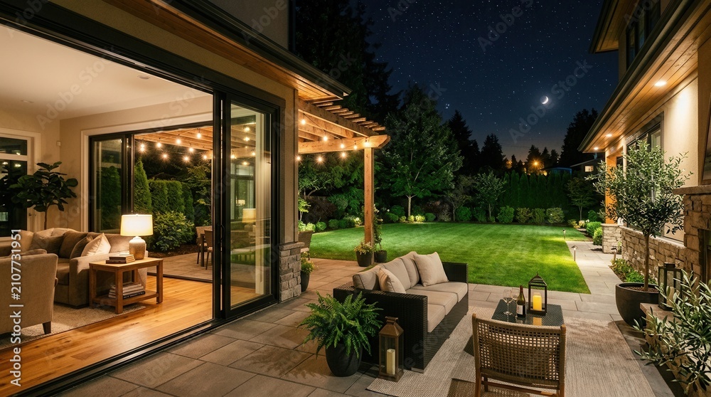 Fototapeta premium Luxury Home Patio and Backyard at Night with Outdoor Lighting.