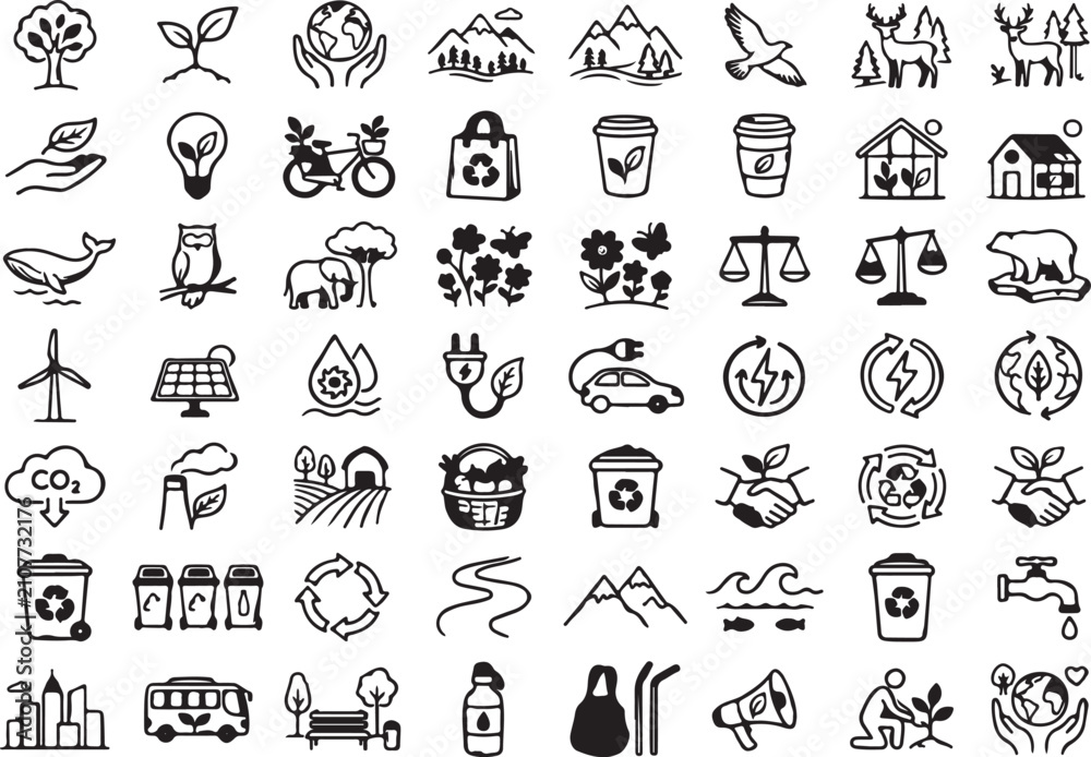 Fototapeta premium Set of ecology, environment, nature, and green energy outline icons vector illustration