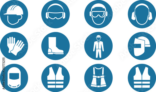 Konstfotografi Safety sign icon set featuring mandatory personal protective equipment symbols for industrial, construction, workplace safety, and hazard prevention applications