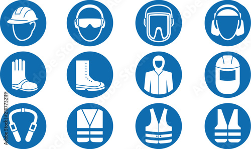 Fotografía Safety sign icon set featuring mandatory personal protective equipment symbols for industrial, construction, workplace safety, and hazard prevention applications