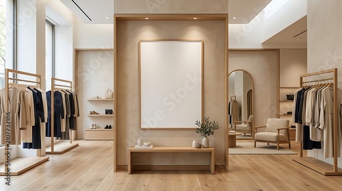 Modern clothing boutique interior with a large blank vertical frame on the wall for advertisement.