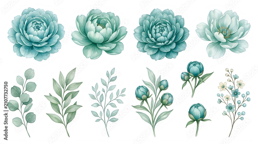Fototapeta premium Watercolor Illustration of Turquoise Floral Bouquets and Botanical Sprigs on White Background