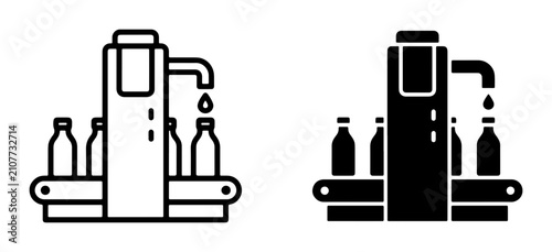 Beverage Bottling Line Icons: Automated Filling Machine, Conveyor Belt, Liquid Drip, Industrial Production, Factory Process, Liquid Filling Equipment, Packaging Automation